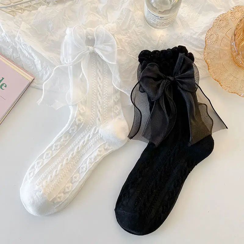 2 Pairs /5 Pairs Lolita Socks Black White Bow Lace Socks Mid-tube Japanese University Style Princess Socks Sweet JK Street Socks