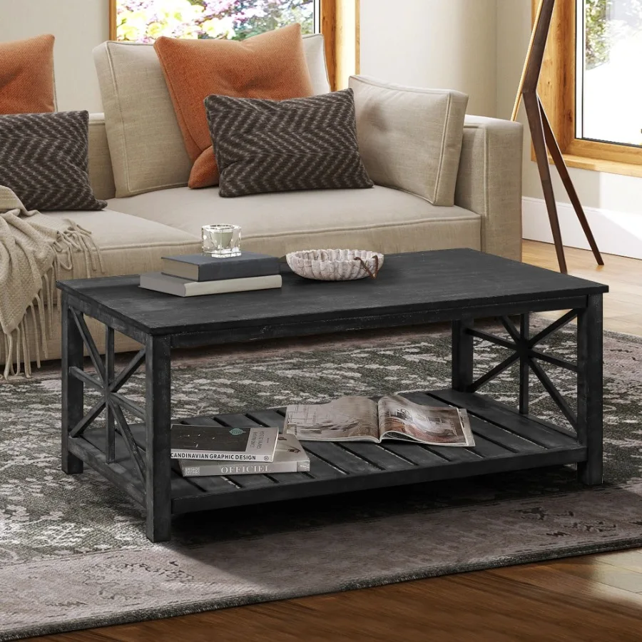 

47 Inch Modern Coffee Table with Storage Shelf Farmhouse Rectangle Living Room Center Table for Small Spaces Easy Assembly Anti