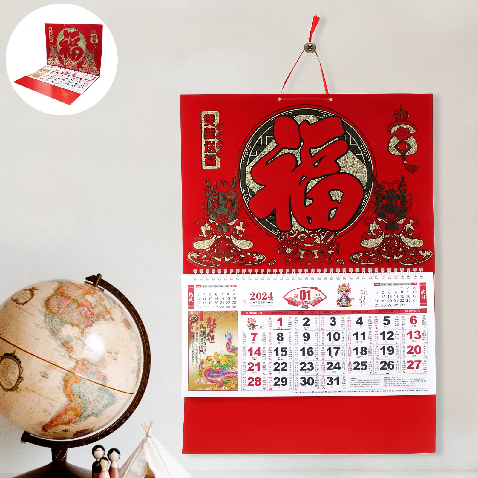 Hanging 2024 Wall Calendar Decorative Dragon Year Calendar Clear Color Traditional Lunar Dates Family Office Usage