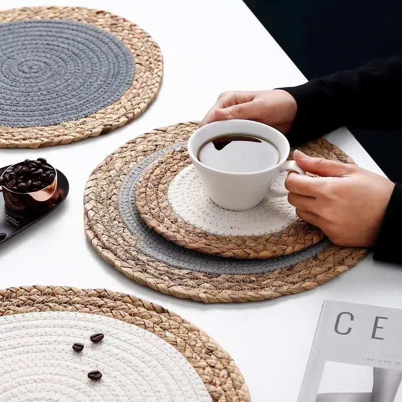 Warm Tone Ins Rush Grass Natural Straw Woven Placemat Cotton Rope Heat Insulation Mat Decorative Forest Style Cup Mat Plate Mat