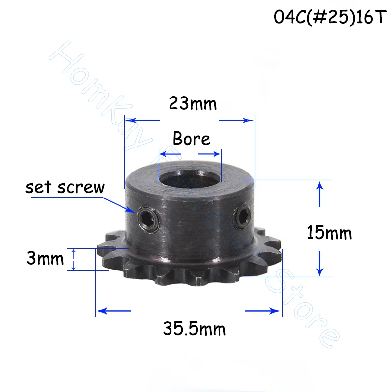 1Pc 16T 04C #25 Sprockets for Roller Chain Bore 6 6.35 8 10 12 14 15mm 16 Tooth 45# Steel Gear