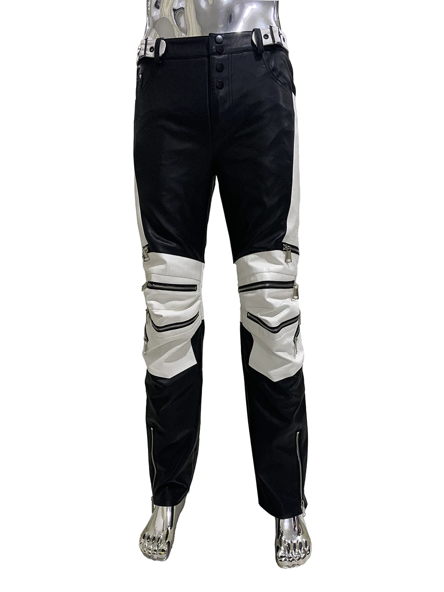 

Spring Autumn Long Skinny Stretchy Color Block Faux Leather Moto & Biker Pants for Men Luxury Designer European Fashion Clothes