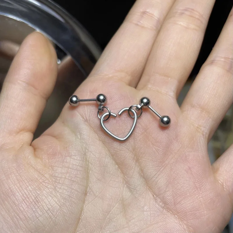 WKOUD Punk Heart Pendant Double Pierced Ears Stud Earring Ear Piercing Stainless Steel Tragus Lobe Daith Conch Helix Jewelry