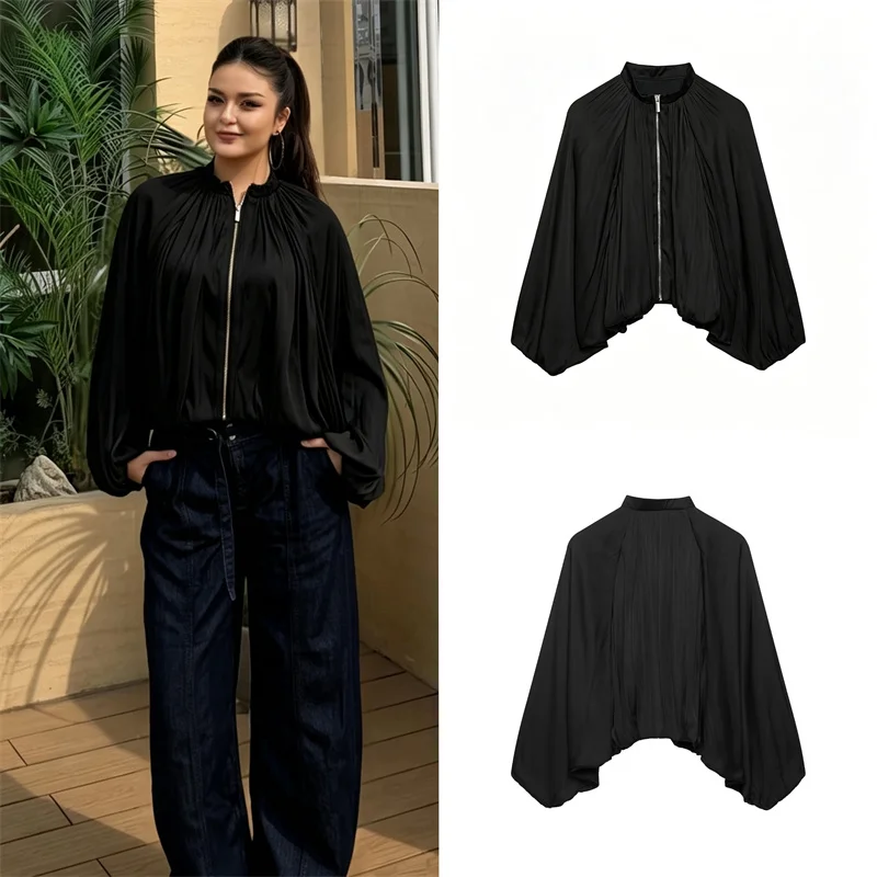 Guobioziy Women's Jacket 2026 Summer and Autumn New Loose Zipper Fashion Satin Pilot Jacket Relaxed Style