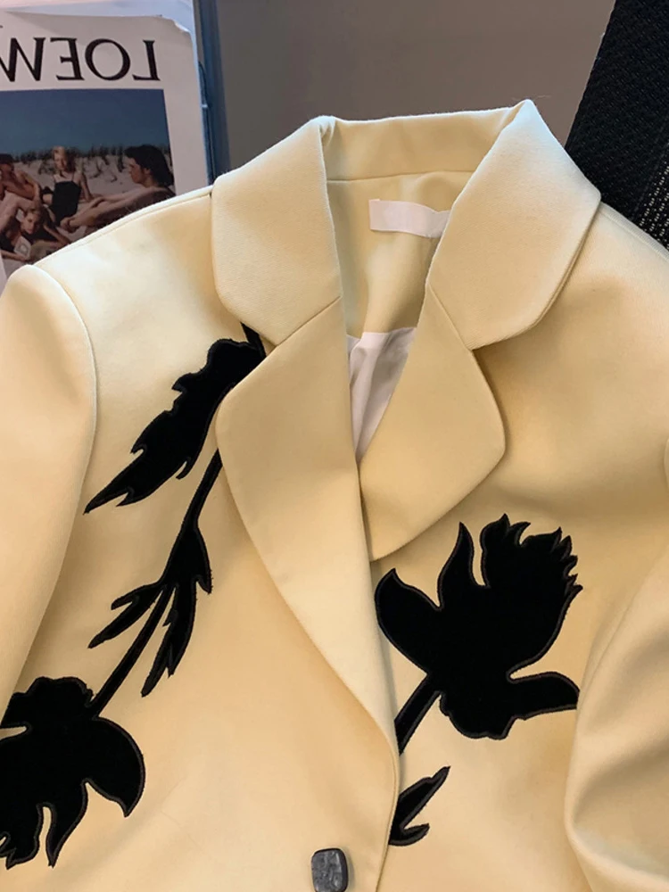 Yellow Embroidery Blazer Women Loose Temperament Lapel Long Sleeve Single-breasted 2022 Spring Autumn Coat Female