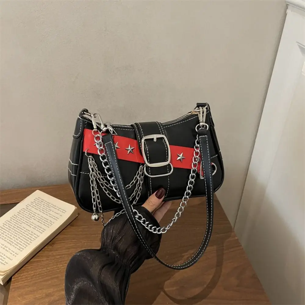 Punk Y2K Star Rivet Shoulder Bag Spicy Girl Pu Leather Retro Motorcycle Bag Korean Chain Locomotive Pack Girls