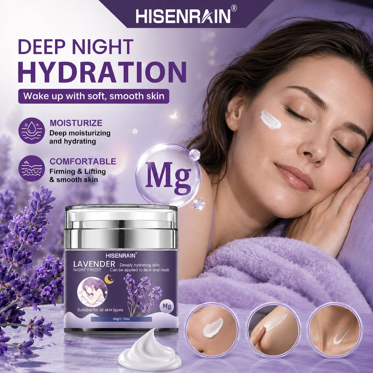 HISENRAIN Lavender Night Moisturizing Cream Deep Hydration Firming Lifting Easily Absorbed Facial And Neck Care