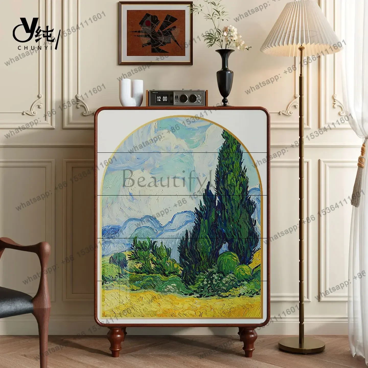 Decorative Cabinet Retro Living Room Solid Wood Five-Drawer Cabinet Bedside Storage Cabinet