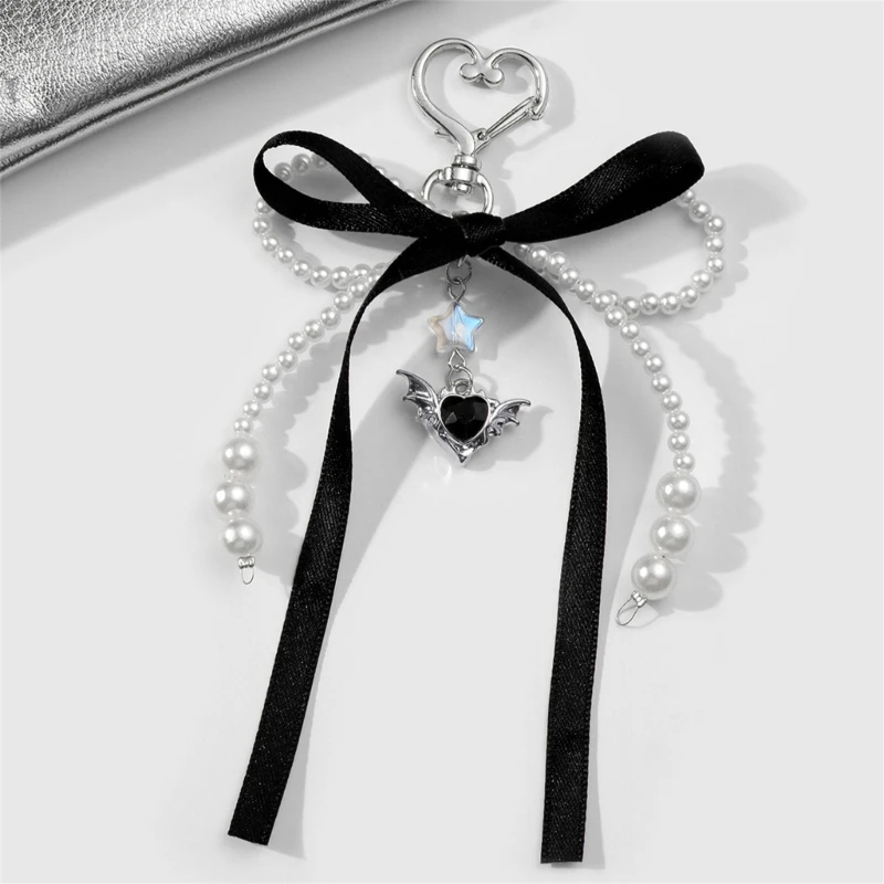 Fast Reach Fashionable Pearls Bows Ribbon Key Holder for Girl School Bag Keychain Accessory