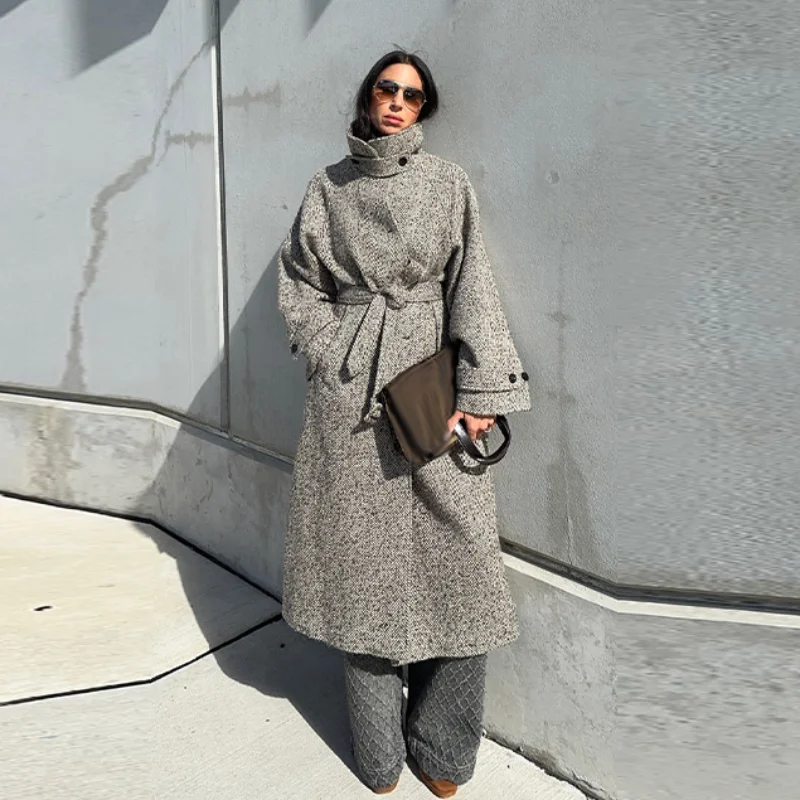 

Элегантное длинное теплое пальто с воротником-стойкой, модная модная вневременная женская верхняя одежда в стиле ретро, классическая женская стильная уличная одежда