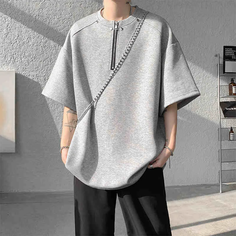 

2025 New Half-zip Crewneck Short Sleeve T-Shirt For Men Hip Hop Fashion Solid Color Tee Shirts Y2K Vintage Streetwear Tops