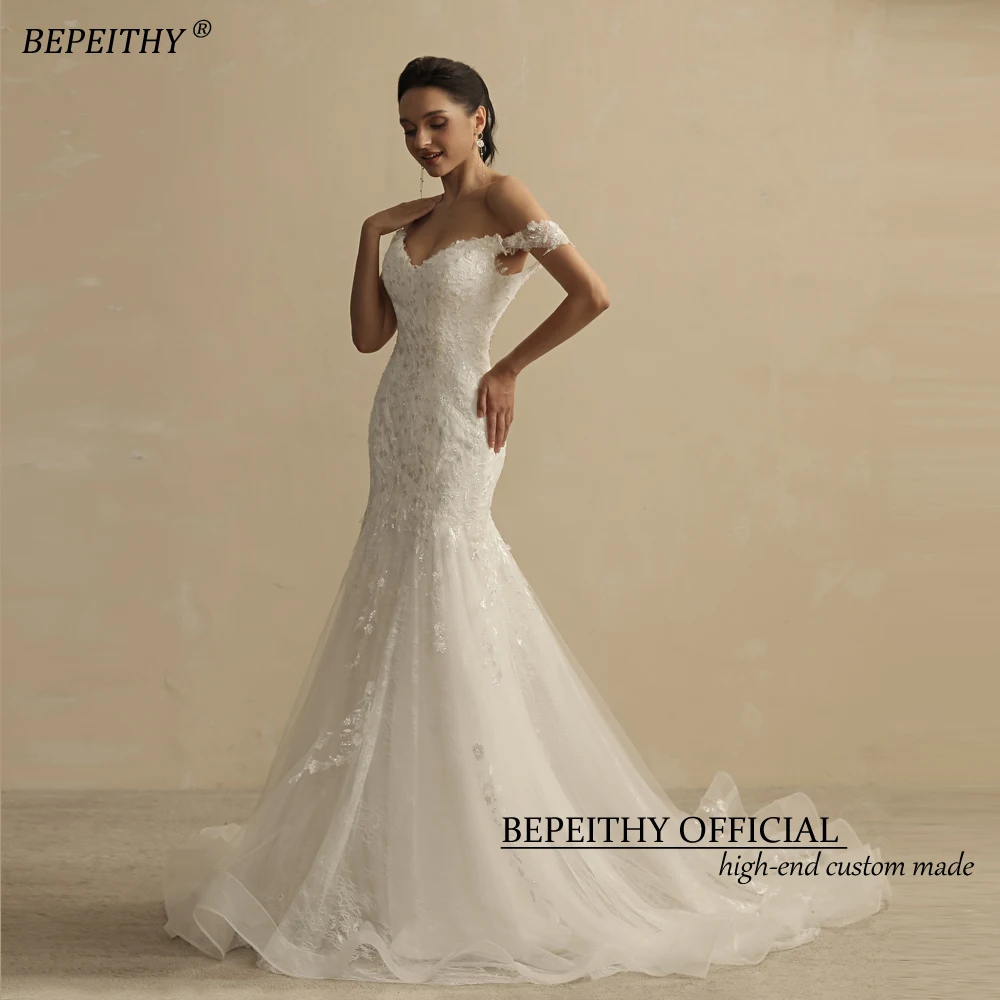 BEPEITHY Lace Mermaid Wedding Dresses For Women Off The Shoulder Court Train Sleeveless Vestidos De Novia Ivory Bridal Gown 2022