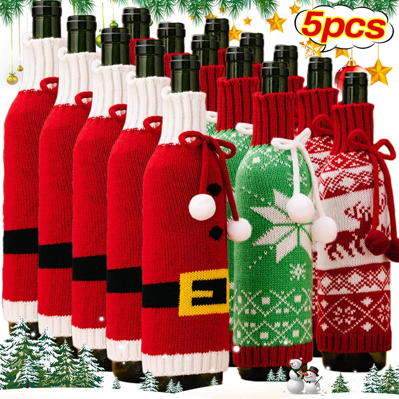 5/1 Uds. Cubiertas para botellas de vino de Navidad roja decoración de mesa de cena de fiesta de Año Nuevo cinturón de alce de copo de nieve verde tejido bolsa para cubrir botellas de vino