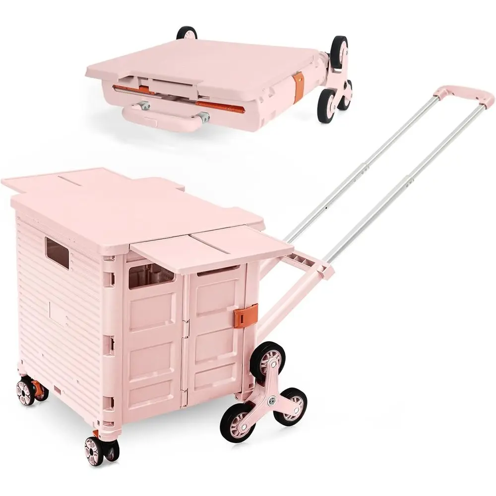 

Portable Rolling Utility Cart with Magnetic Lid and 360° Swivel Wheels for Shopping and Carrying Groceries - Pink