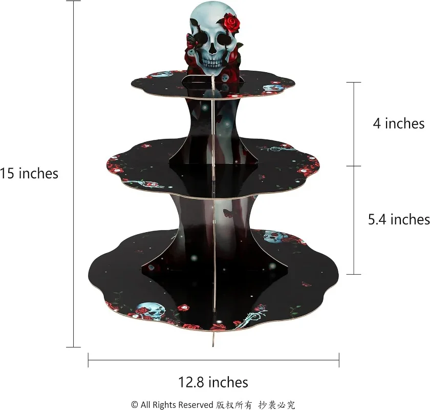 3-layer Gothic Red Black Rose Skull Cake Stand for Halloween Party Decorations Cosplay Dessert Candy Display Stand Decorations