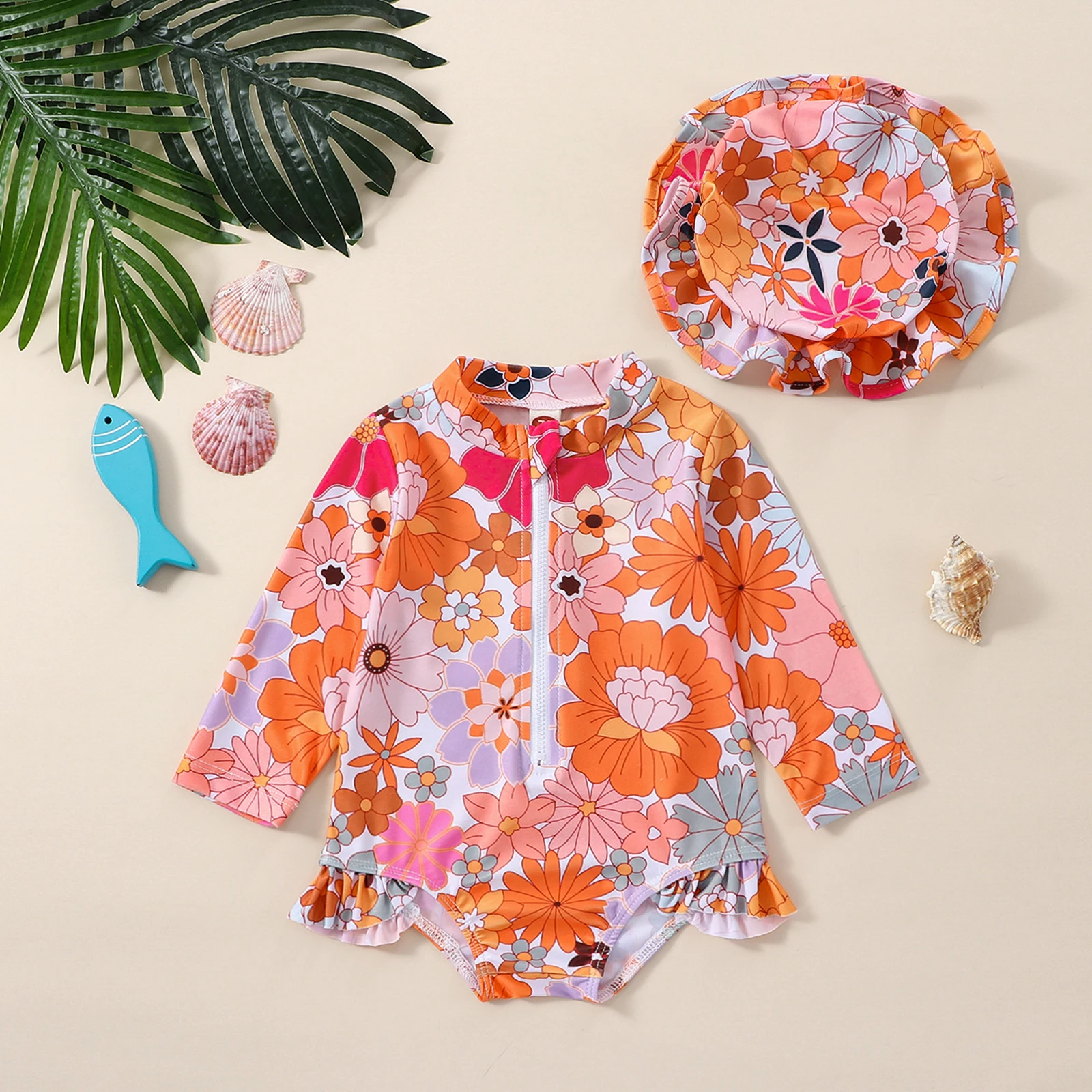 0-2 Years Toddler Baby Girls Swimwear Infant Spring Summer Swimsuit Long Sleeve Floral/Shell Print Bathing Suit with Hat Outfit