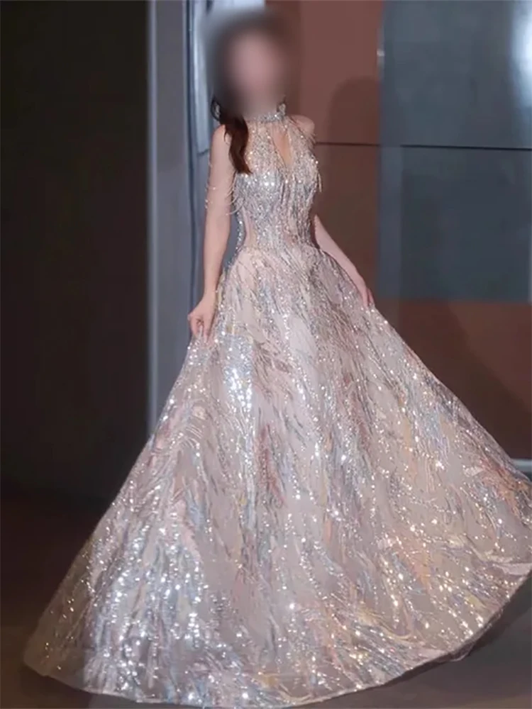 Robe de Soirée de Forme Trapèze avec Perles, Tenue Luxueuse et Brillante à Col Licou, Vêtement de Cérémonie pour Occasions