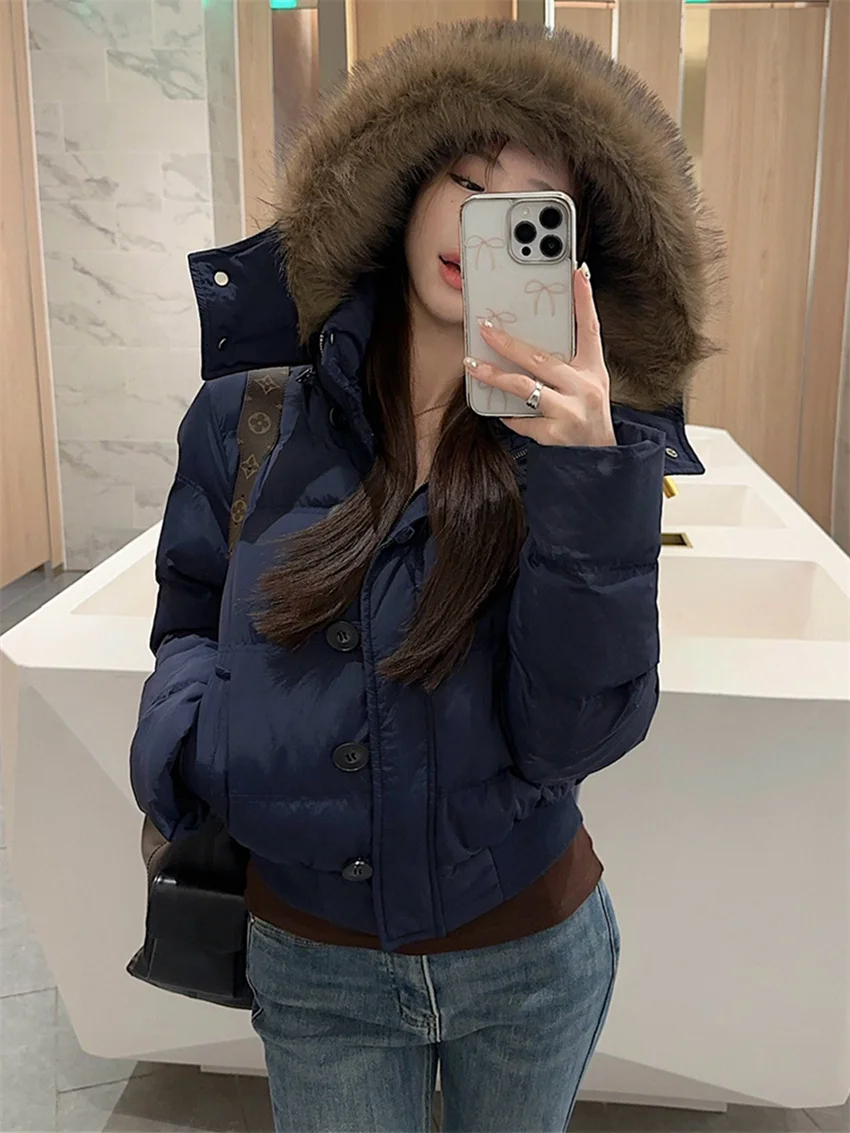 PLAMTEE Dark Blue Cotton Jackets Chic Loose Hooded Parkas Solid New Women 2025 OL Slim Fashion Winter Office Lady High Street