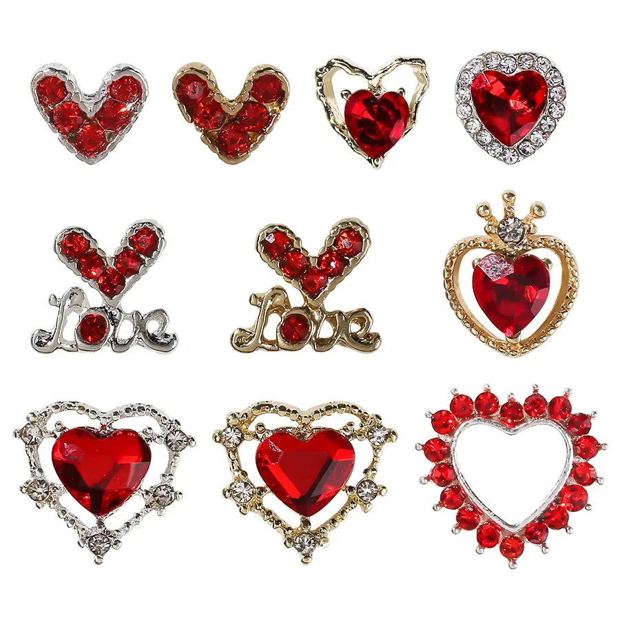 New 10Pcs Metal Alloy Queen Series Crown Hollow Out Love Jewelry Red Rhinestone Gems 3D Nail Art Charms Decorations Bulk Supply