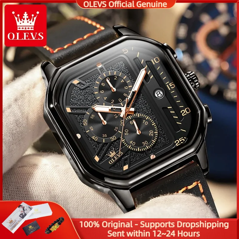 OLEVS 9950 Men Watch Trendy Luxury Waterproof Square Chronograph Leather Strap Classic Brand Original Quartz Men Watch Reloj Box