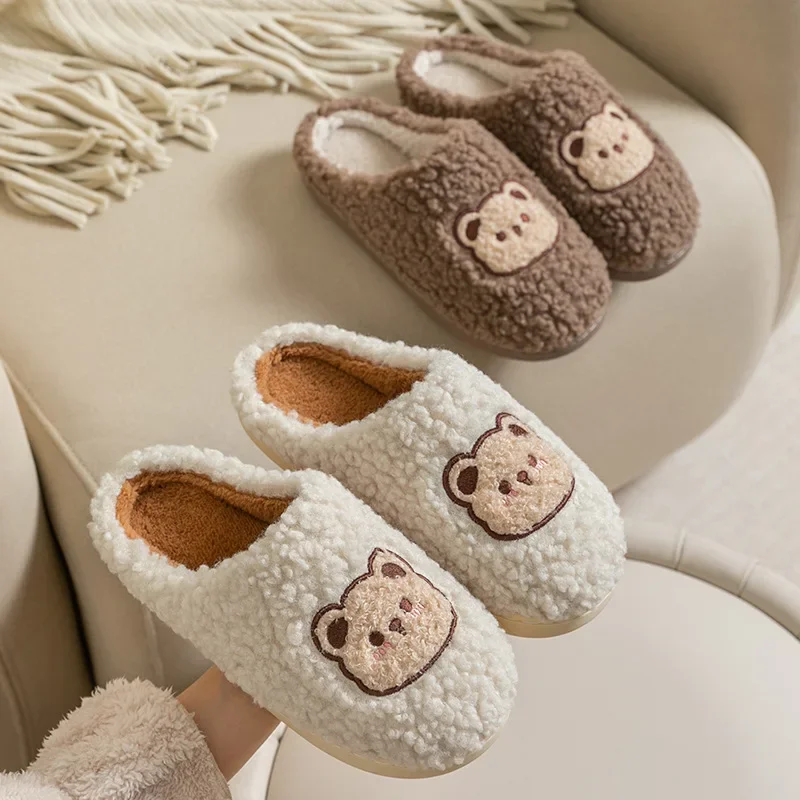 New Women Home Slippers Men Furry Indoor Bedroom Flats Warm Plush Couples Cute Cartoon Bear Winter Floor Slides Non-slip Shoes