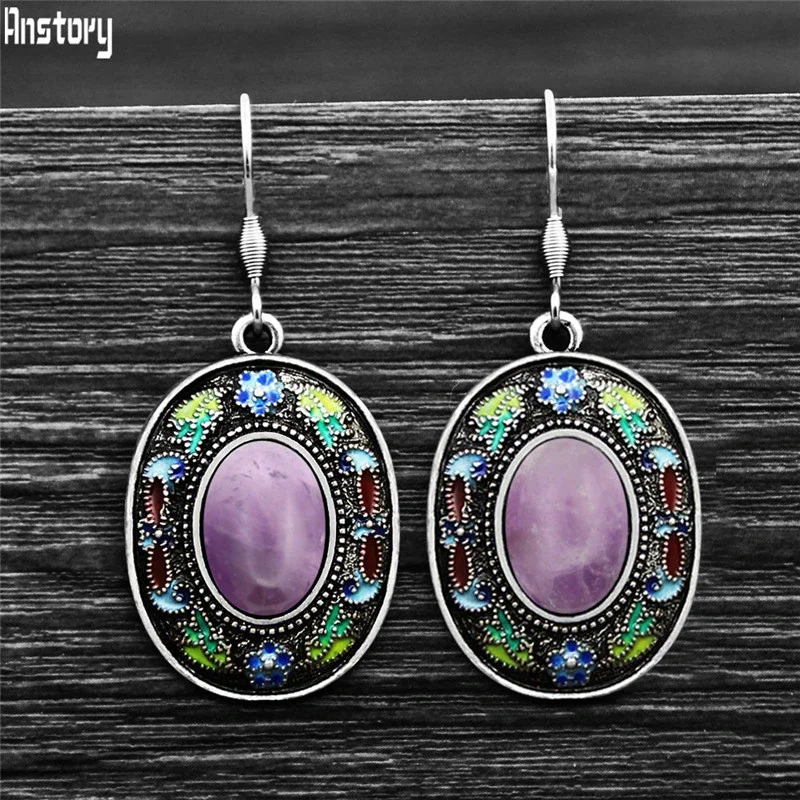 Vintage Oval Quartz Lapis Earrings For Women Bohemia Painting Craft Flower Plant Natural Stone Stainless Steel Hook Earring