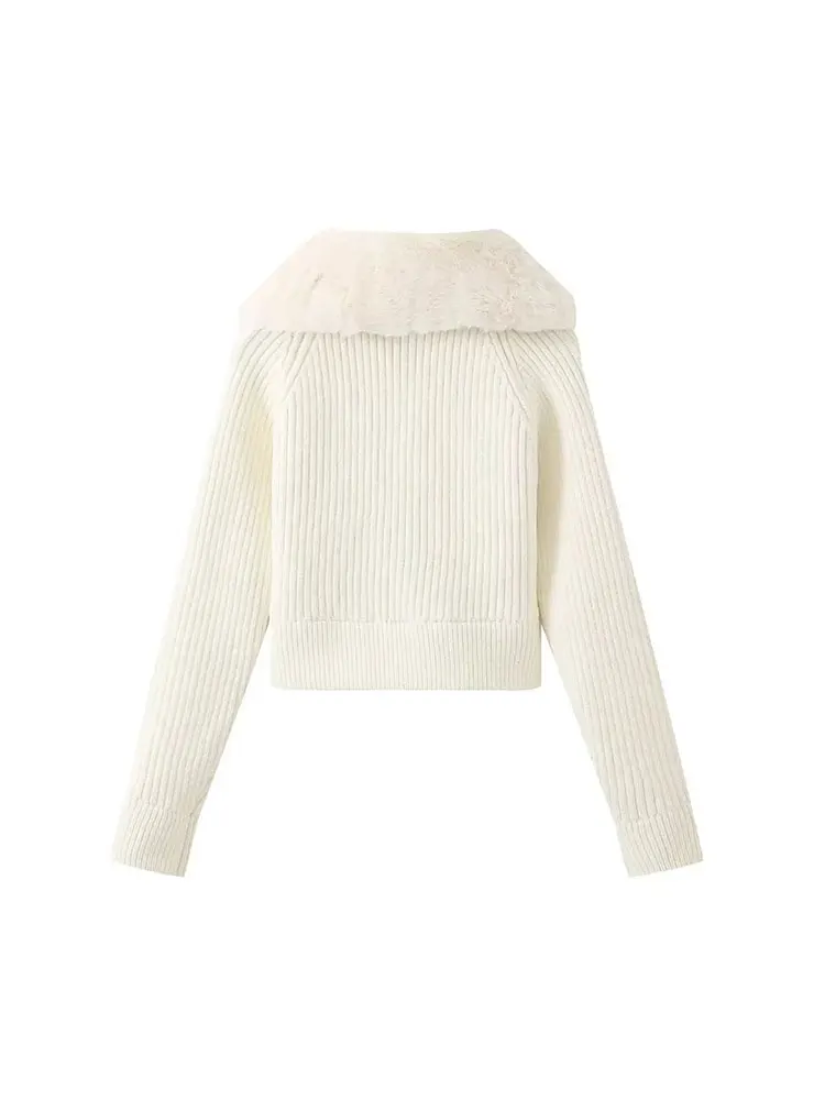 TRAF 2024 Autumn Woman Artificial Wool Collar Short Knitted Sweater Cardigan Coats Fashion Zipper Casual Slim Tops