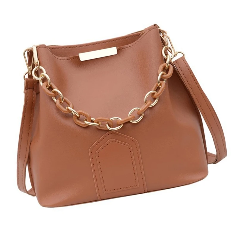 E74B Korean Simple Shoulder Bag with Adjustable Strap for Womens Chain Handle PU Leather Handbag Crossbody Bucket Bag Purse