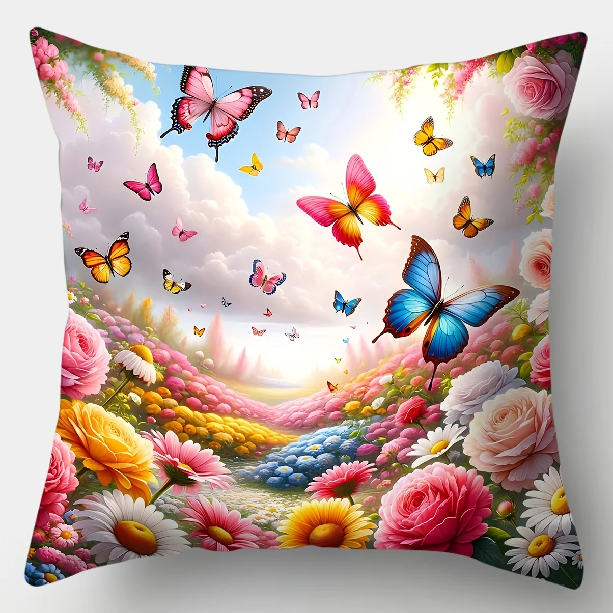 4Pcs Spring SummerTheme Pillow Covers Beautiful Natural Scenery Colorful Flowers Dancing Butterflies Pattern with Zipper Closure