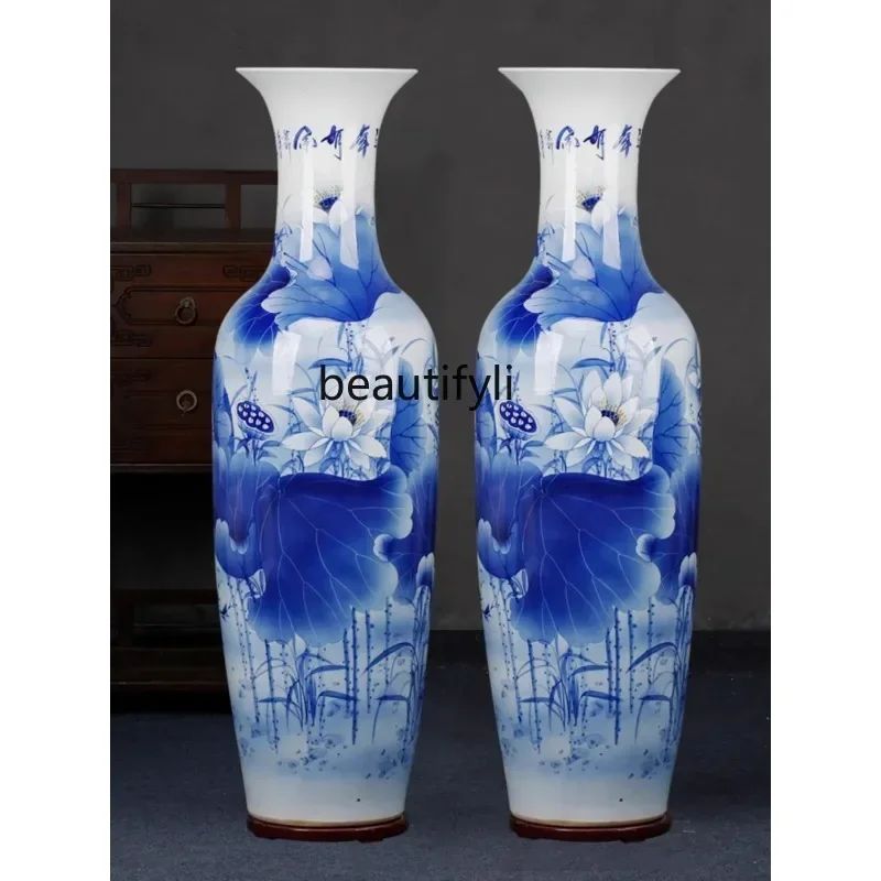 xxCeramic Blue and White Hand Drawn Floor Large Vase Chinese Living Room Furnishings Ornaments Hotel Opening Large