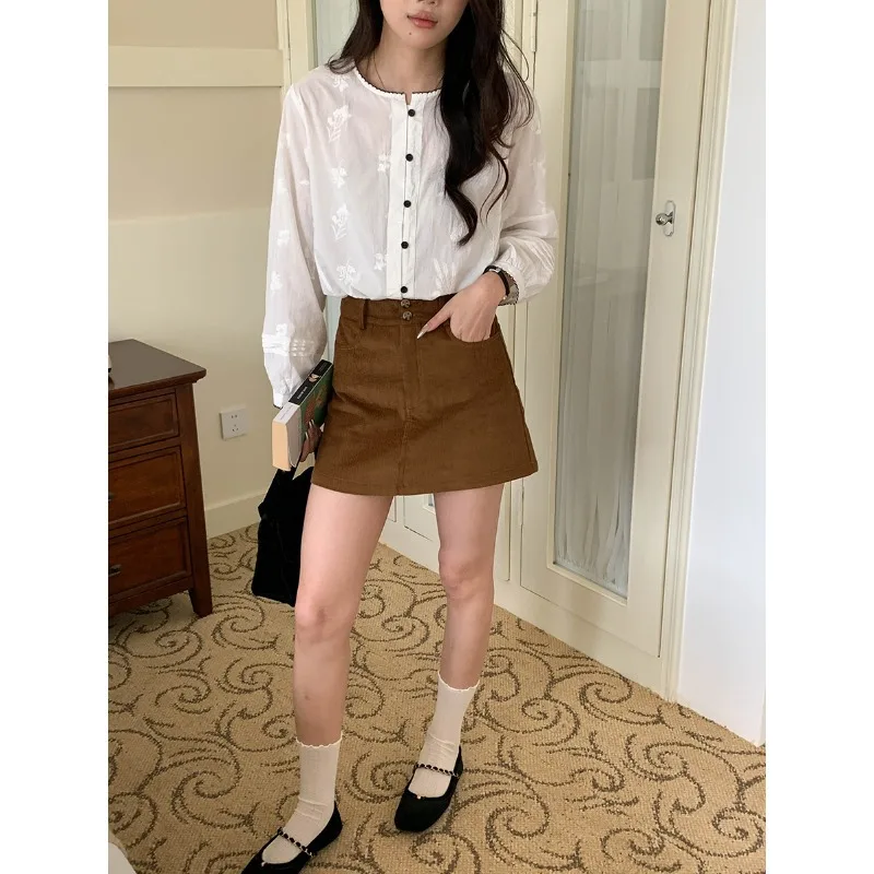 

Вельветовая короткая юбка А-силуэта с двумя пуговицами и высокой талией, новая юбка средней длины, сексуальная мини-юбка, модная утягивающая юбка, короткая юбка