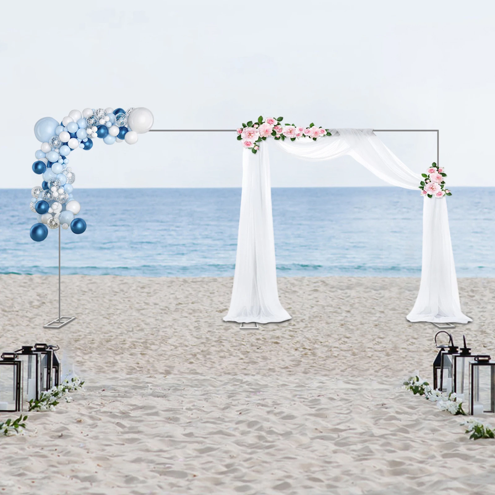 

Modern Rectangular Wedding Arch Stand with Bases 6m x 3m Free Standing Carbon Steel Silver Backdrop Decoration