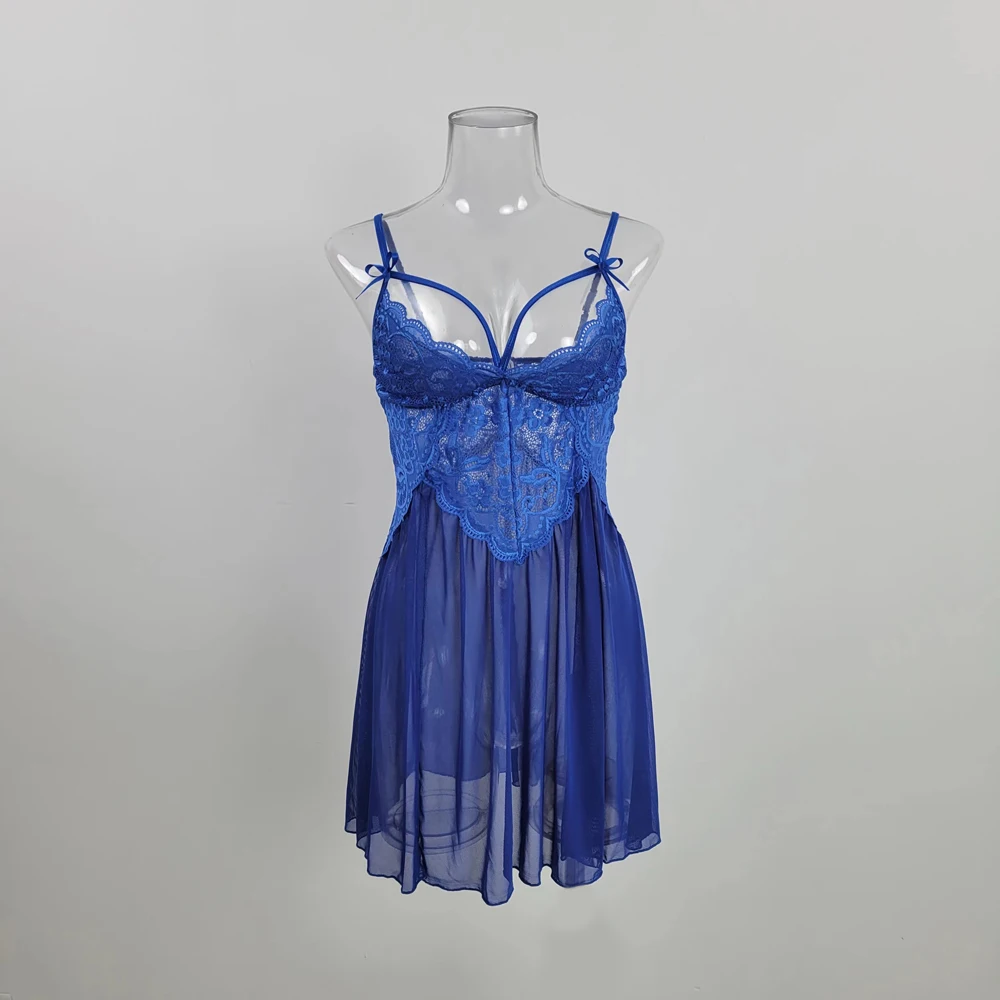 딥 V 레이스 섹시 여성 란제리 귀여운 나비 넥타이 메쉬 나이트가운 여성 도매 큰 사이즈 속이 비치는 등이 없는 자수 파자마