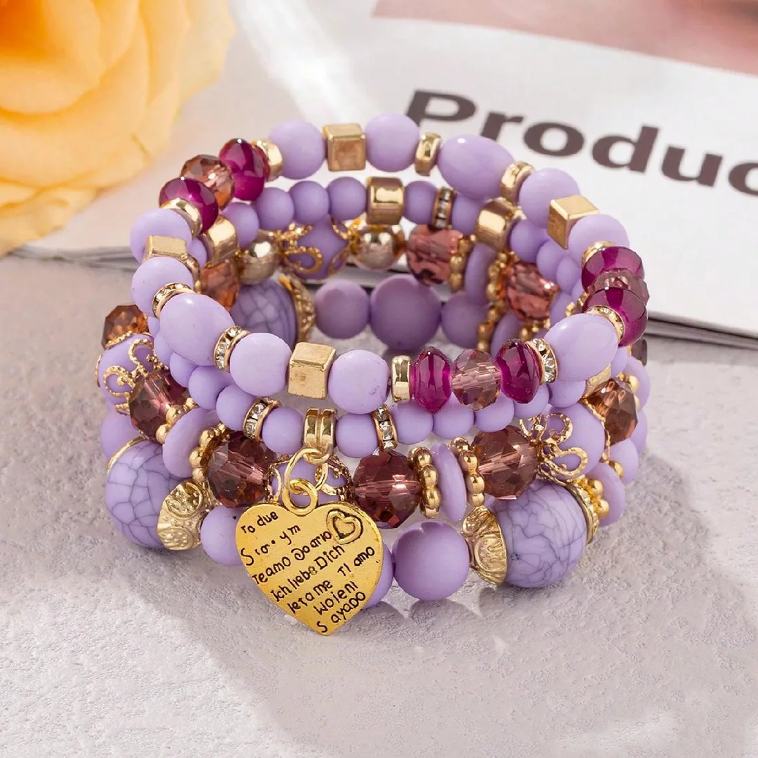 4Pcs Boho Crystal Beads Chain Bracelet Set For Women Vintage Heart Charm Elastic Bangle Female Fashion Party Jewelry