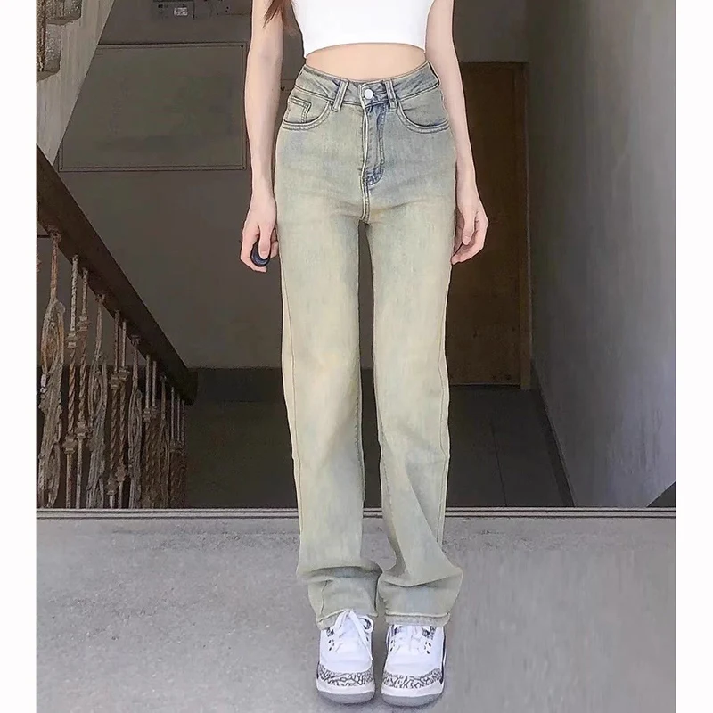 

Retro High Street Women High Waist Jeans Lady Casual Fashion Solid Denim Trousers Female Chic Thin Straight Leg Pants
