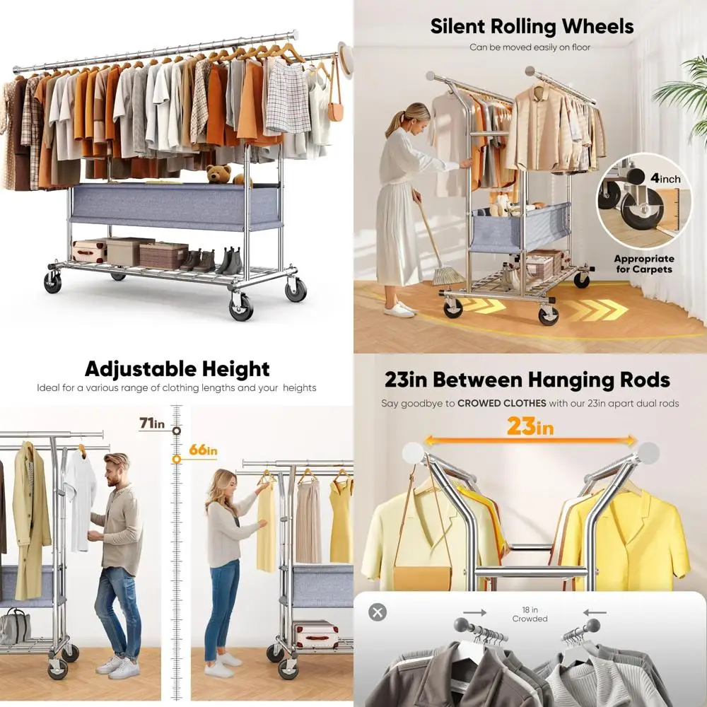 

Сверхмощная регулируемая выдвижная вешалка для одежды с двойным стержнем для подвешивания с грузоподъемом 625 фунтов, подвесное хранилище с длинным хвостом Solu