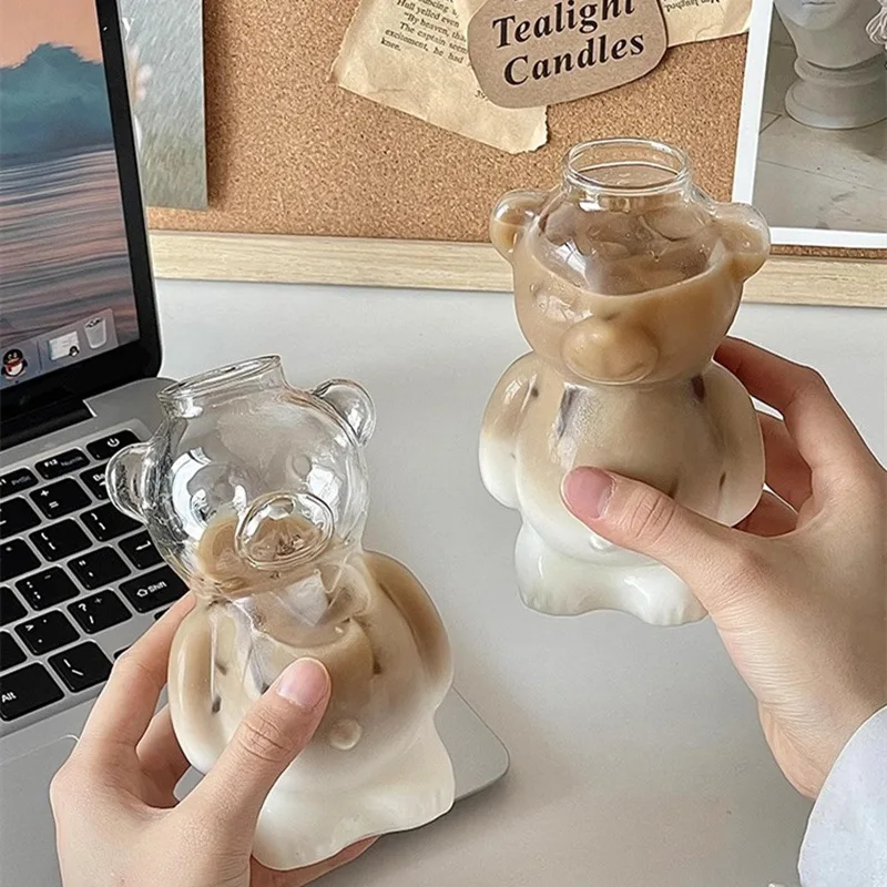 Restaurant Bear Shape Glass Cups, Cute Cartoon Animal Transparent Juice Cups for Children,Office Coffee Mugs Party Water Jar