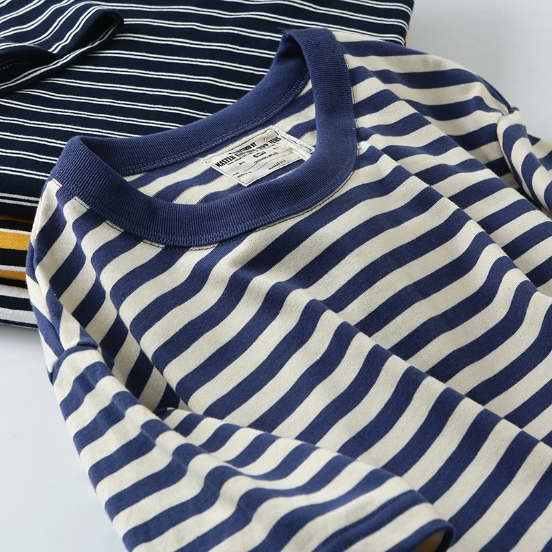 Heavyweight 280g Cotton Breathable Striped round Neck Short Sleeve T-Shirt Men's Sea Soul Shirt Casual Loose Fit Youth Style