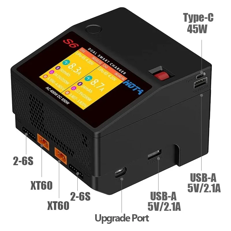 HOTA S6 AC400W DC650W 15A Dual Channel Smart ขนาดเล็กพิเศษสําหรับ Lipo LiHV LiFe LiIon NiZn NiCd NiMH แบตเตอรี่