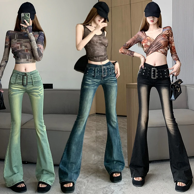 American Retro 2000s Y2K Jeans Mujer Streetwear Wide Belt Low Waist Flare Jeans Pants Loose Straight Wide Leg Harajuku Trousers