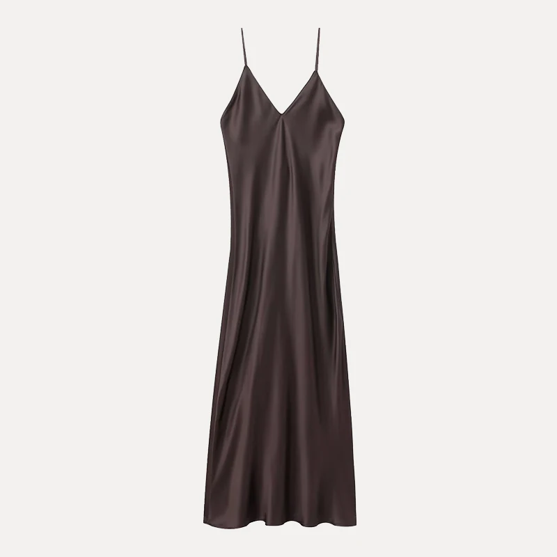 2025 Summer New Women's Faion Satin Nightgown Dr High Waist A-Line Long Skirt V-Ne Svel Polyester Blend Gown