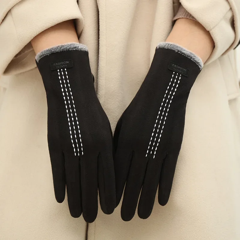 Winter Women's Gloves Vintage Windproof Touch Screen Keep Warm Velvet Gloves for Women Plush Riding Driving Solid Color ST2207