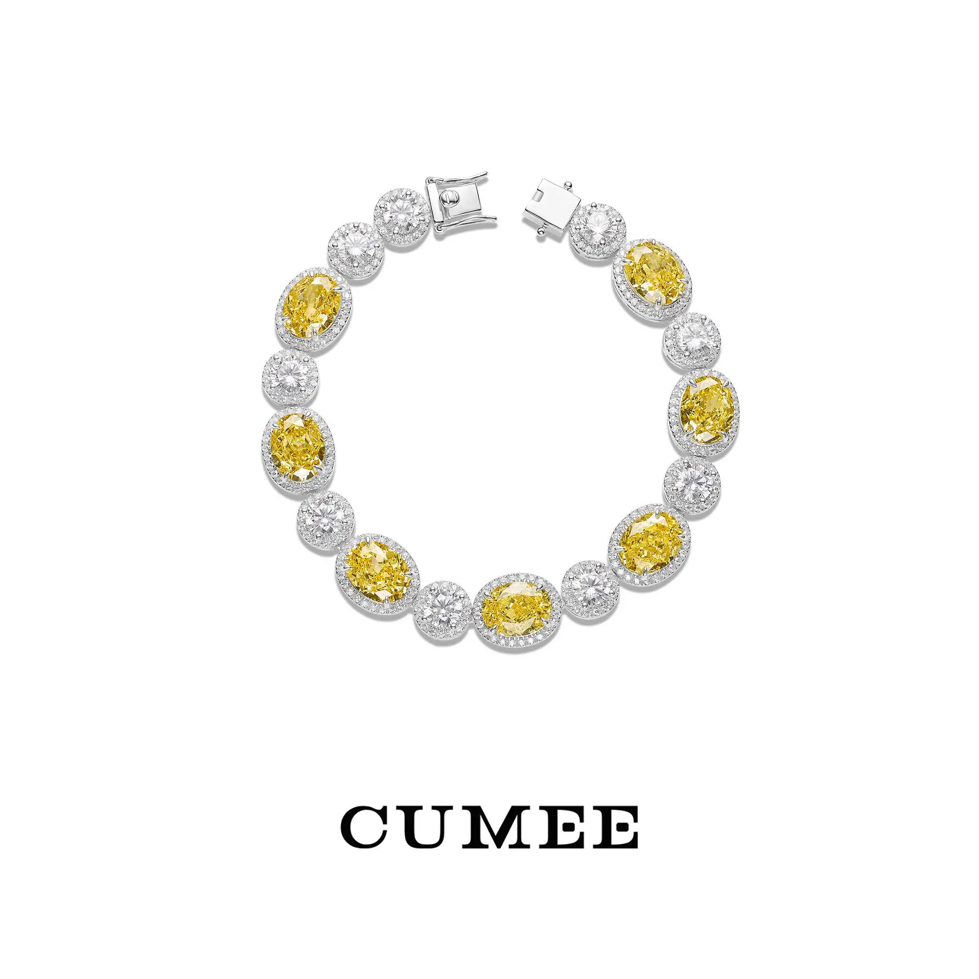 CUMEE New Classic Oval-shaped Artificial Yellow Diamond Bracelet for Women 925 Silver and Gold-plated Fine Jewelry