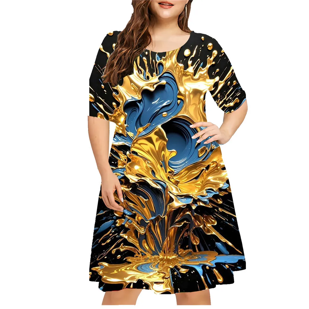 Robe à imprimé éclaboussures d'encre pour femmes, nouveau motif abstrait, robe grande taille, vêtements respirants décontractés à manches courtes, 8XL, 9XL