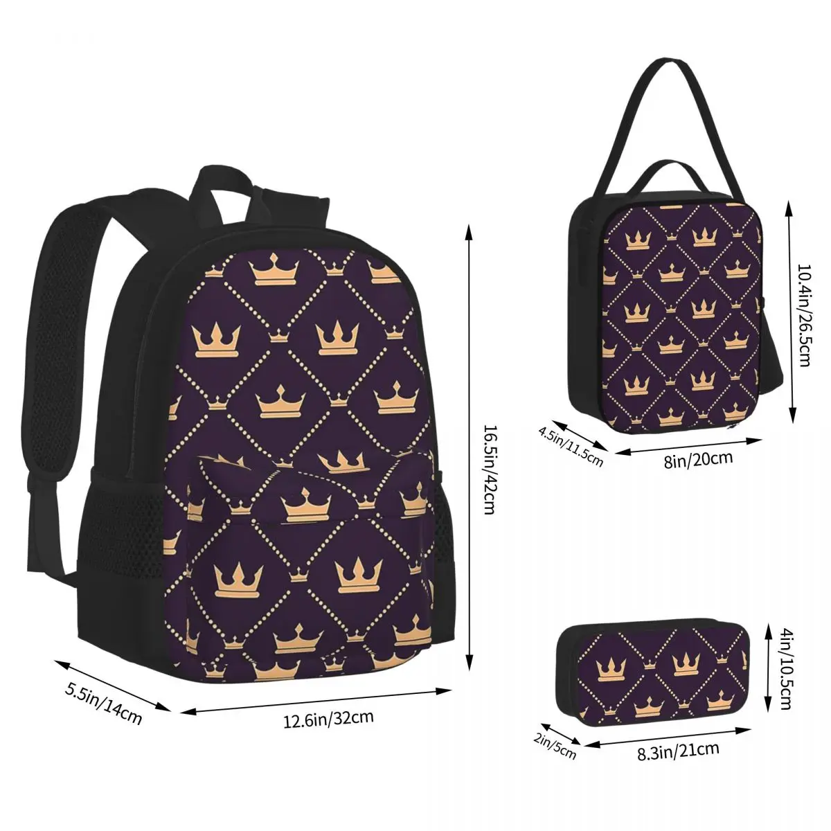 Cute Crown Pattern Backpacks Boys Girls Bookbag School Bags Kids Rucksack Lunch Bag Pen Bag Three-Piece Set