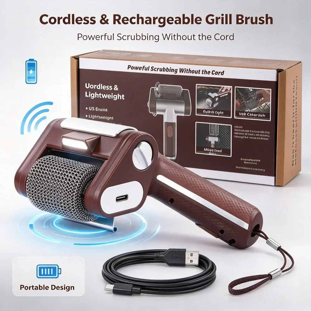 Electric BBQ Grill Cleaning Brush Handheld Rechargeable LED Light Stainless Steel for Outdoor Camping Home Kitchen Barbecue