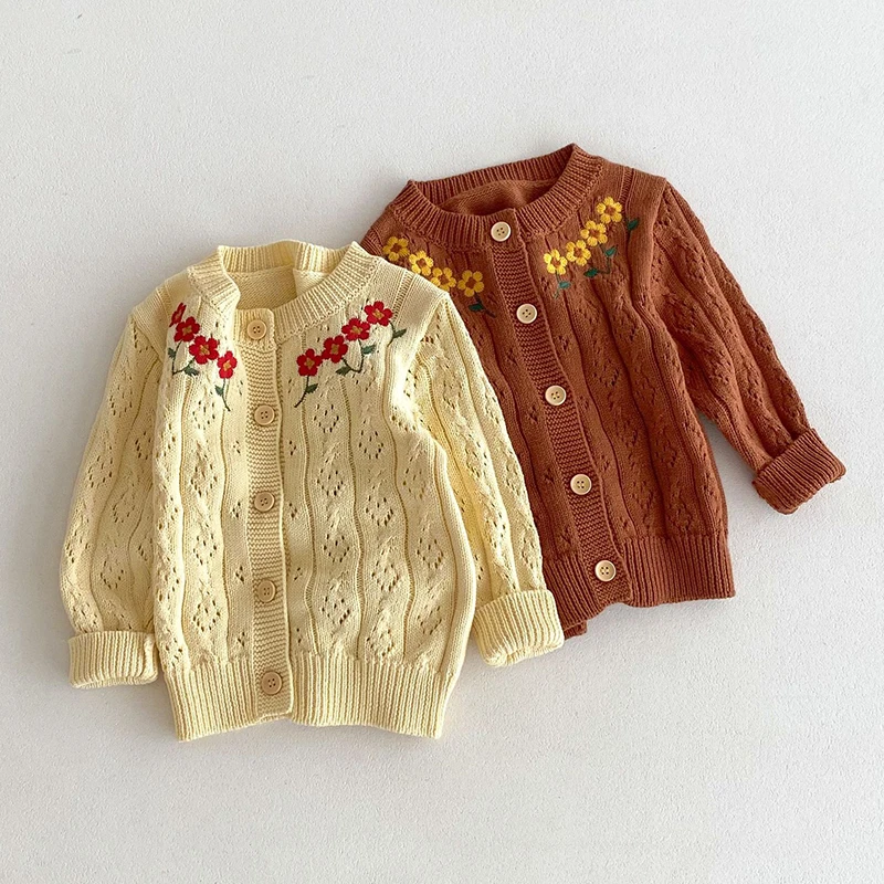 جديد الخريف متماسكة سترة سترة طفل الفتيات طويلة الأكمام الحلو التطريز زهرة متماسكة البلوزات الأطفال بالأزرار سترة معطف #6