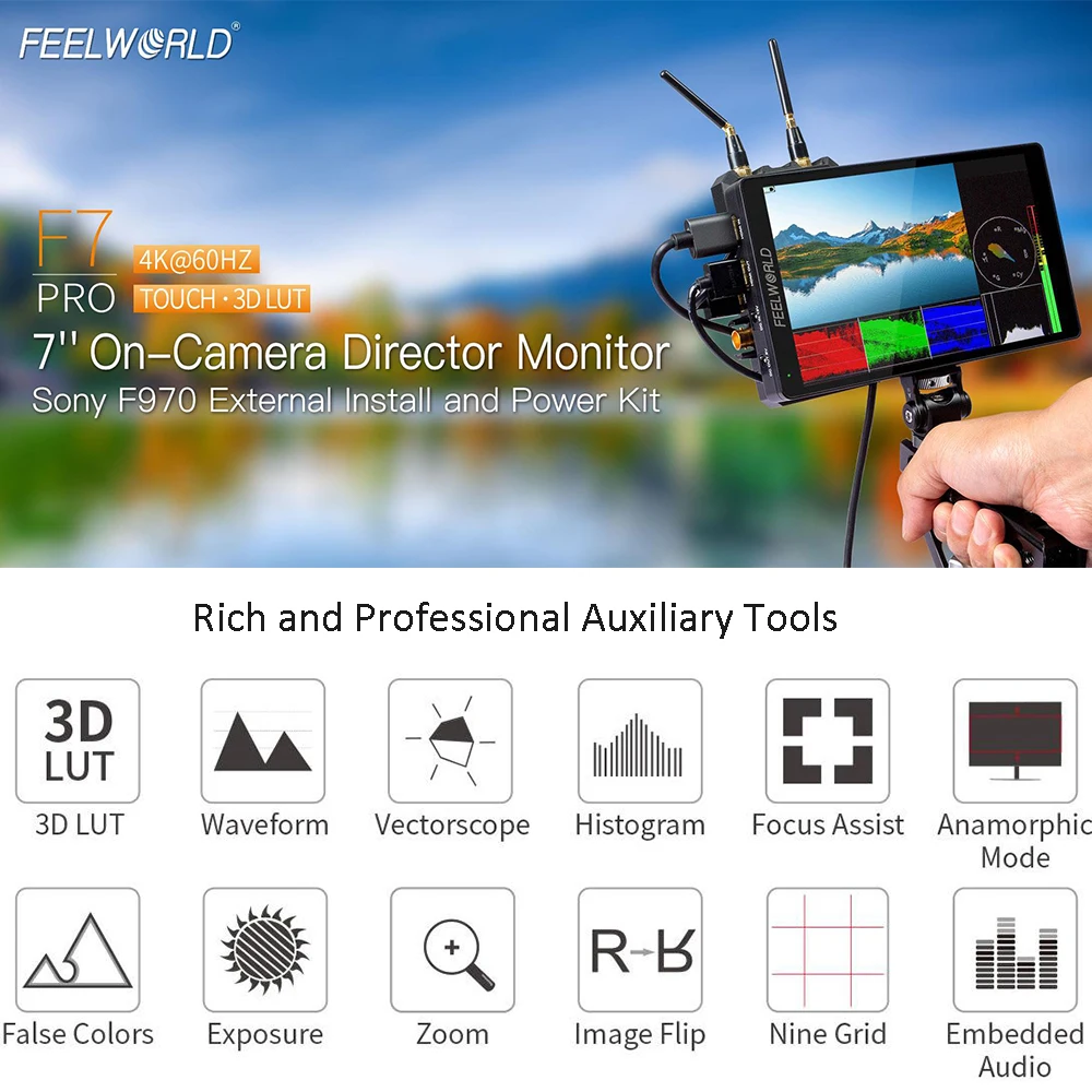 FEELWORLD F7 PRO 7 "IPS Touch Screen3D LUT DSLR Monitor de diretor de campo na câmera HDMI 4K 60Hz HD com painel de alimentação externo F970