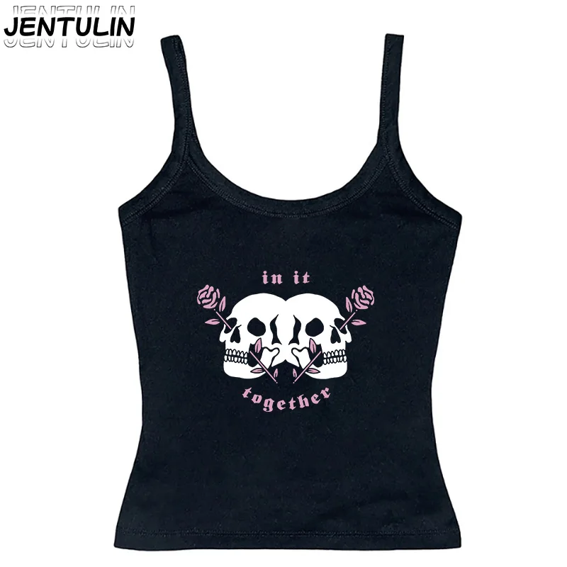 Gothic Punk Skull Print Tank Top Women Sleeveless Vest Clothes Casual Vintage Streetwear Y2k Crop Top Emo Girls 2000s T Shirt