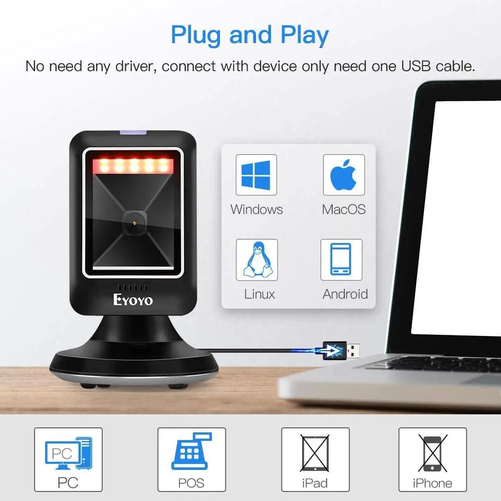 

Настольный сканер штрих-кода YOKO 2D 1D, платформенный сканер с автоматическим распознаванием, всенаправленный проводной USB-код с функцией громкой связи